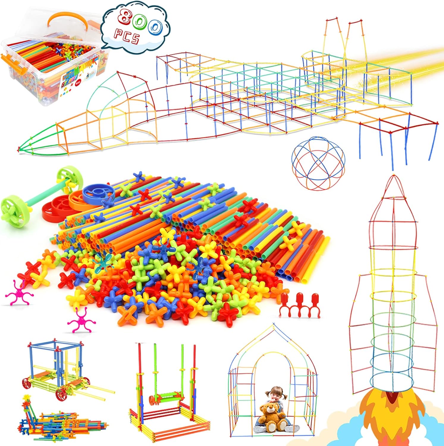 Straw Constructor Toys STEM Building 600Pcs Toy Interlocking Plastic Engineering Thin Tube Blocks Educational Kit for 3 4 5 6 7Years Kids Boys and Girls Gift